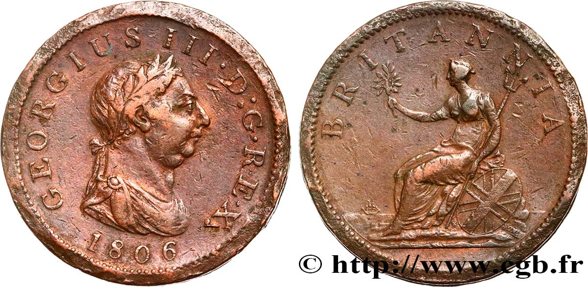 ROYAUME-UNI 1 Penny Georges III tête laurée 1806 Soho TTB 