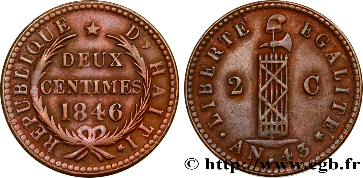 HAÏTI 2 Centimes faisceau, an 43 1846  TTB 