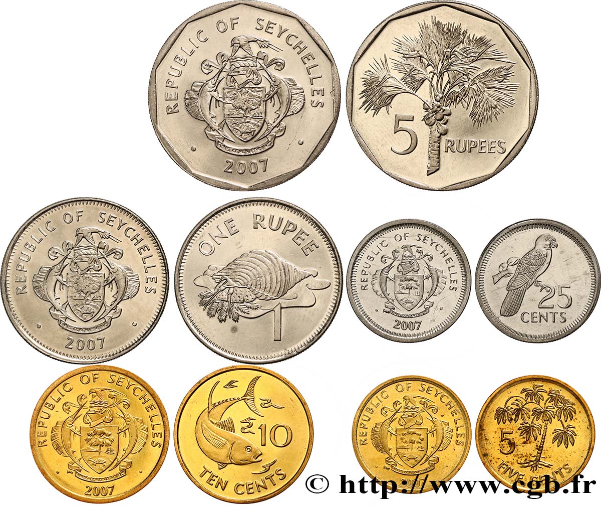SEYCHELLES Lot de 5 monnaies 5, 10 et 25 Cents, 1 et 5 Rupees 2007  MS 