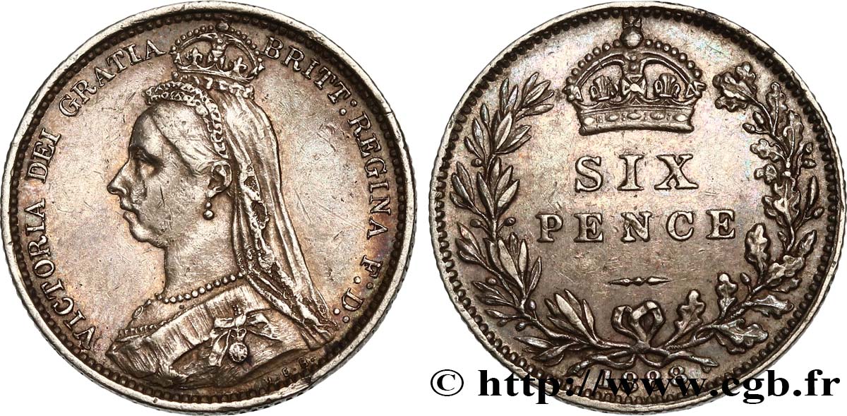 ROYAUME-UNI 6 Pence Victoria buste du jubilé 1888  TTB/TTB+ 