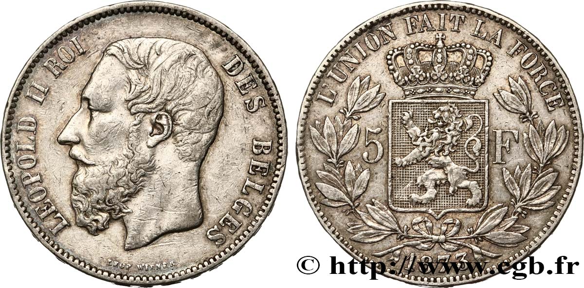 BELGIQUE 5 Francs Léopold II 1873  TTB 