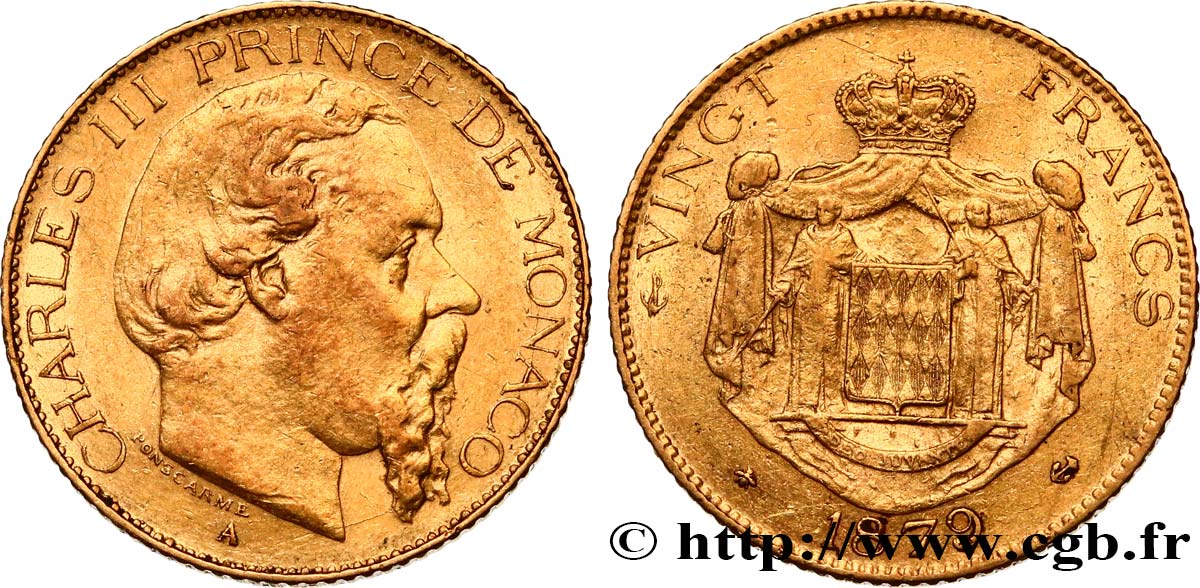 PRINCIPALITY OF MONACO - CHARLES III 20 Francs or 1879 Paris XF 