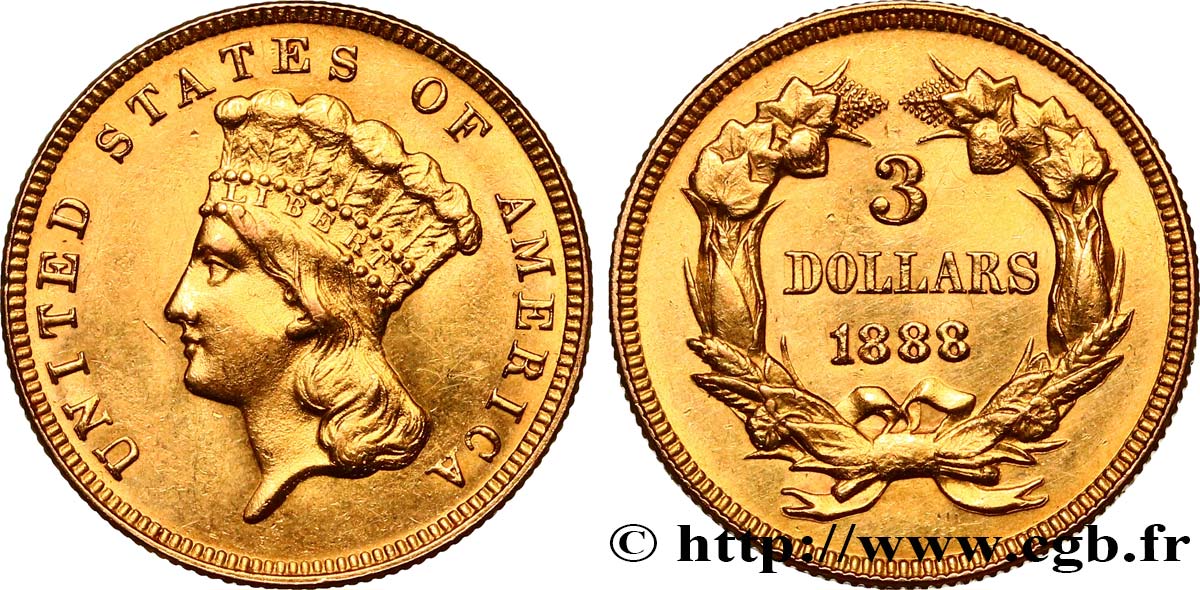 UNITED STATES OF AMERICA 3 Dollars”Indian Princess” 1888 Philadelphie AU 