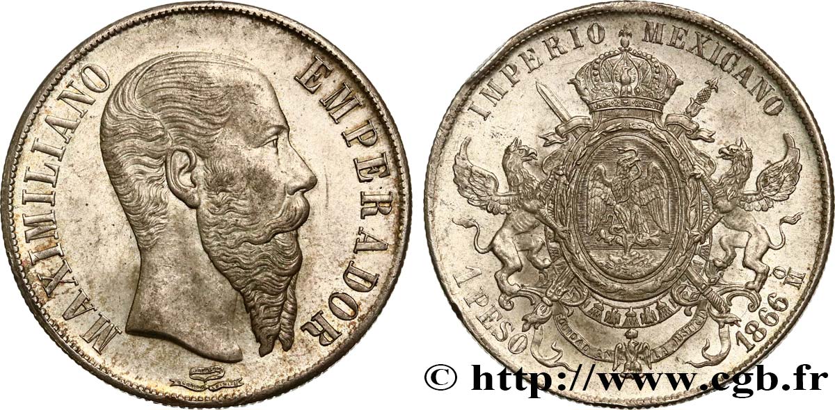 MEXICO - MAXIMILIAN I Peso 1866 Mexico AU 