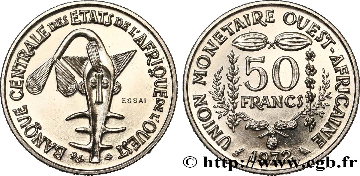 ÉTATS DE L AFRIQUE DE L OUEST (BCEAO) Essai 50 Francs masque 1972 Paris SPL 