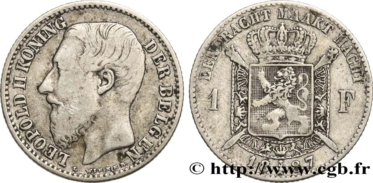 BELGIQUE 1 Franc Léopold II légende flamande signature L WIENER 1887  TB+