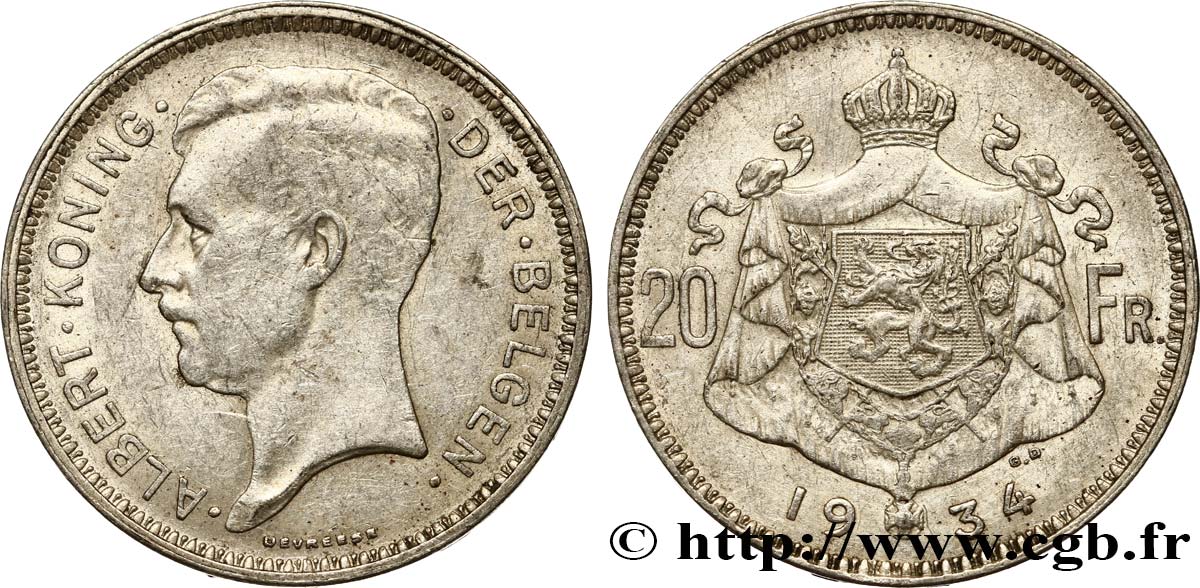 BELGIUM 20 Francs Albert Ier légende Flamande position B 1934 XF