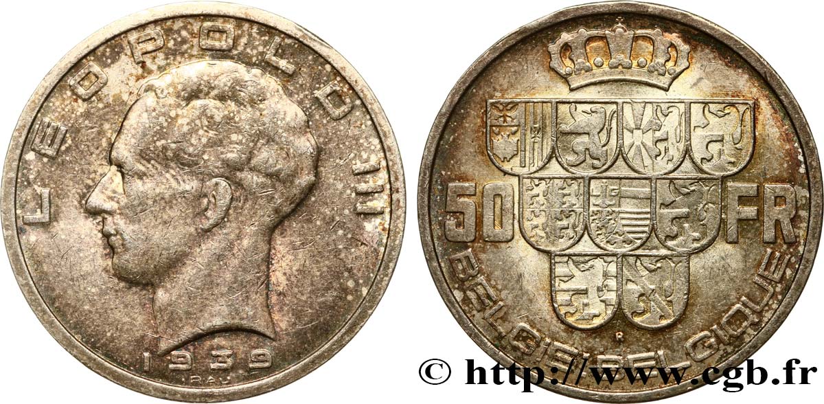 BELGIUM 50 Francs Léopold III légende Belgique-Belgie tranche position A 1939 AU
