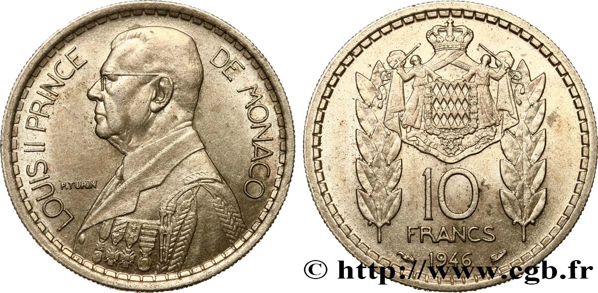 MONACO 10 Francs Louis II / manteau d’armes couronné 1946 Paris AU
