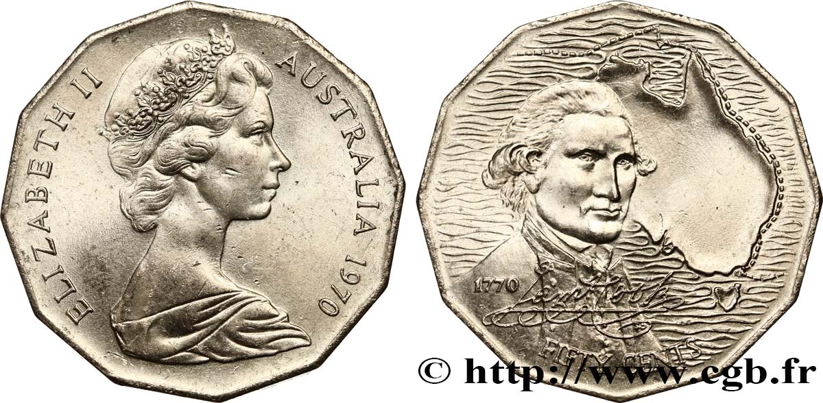 AUSTRALIA 50 Cents Elisabeth II / 200e anniversaire du voyage de Cook 1970 AU