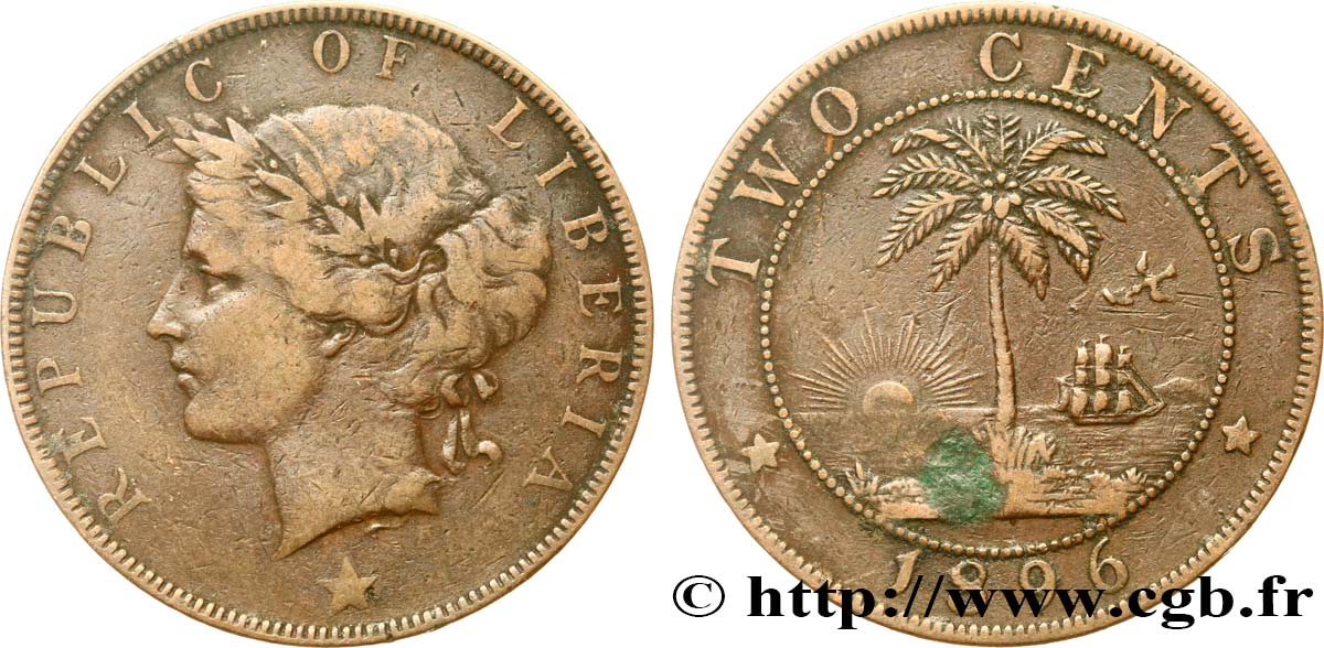 LIBERIA 2 Cents 1896 Heaton VF
