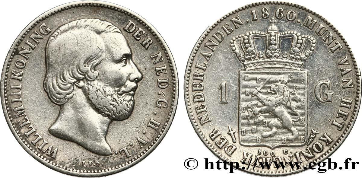 NETHERLANDS 1 Gulden Guillaume III 1860 Utrecht XF
