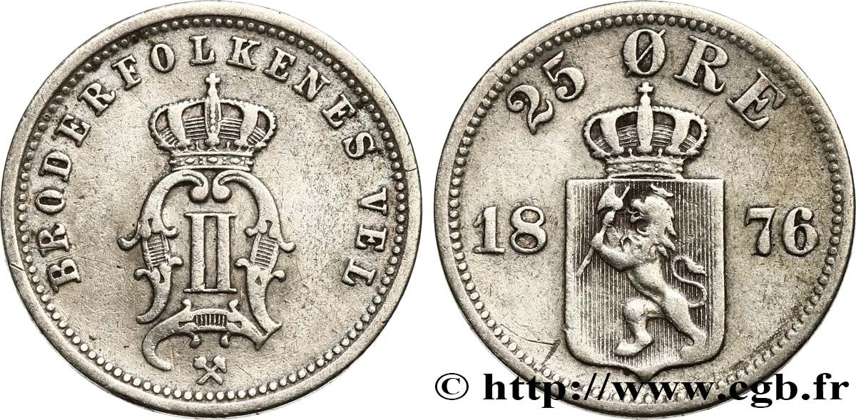 NORWAY 25 Ore monogramme d’Oscar II de Suède et de Norvège 1876 XF