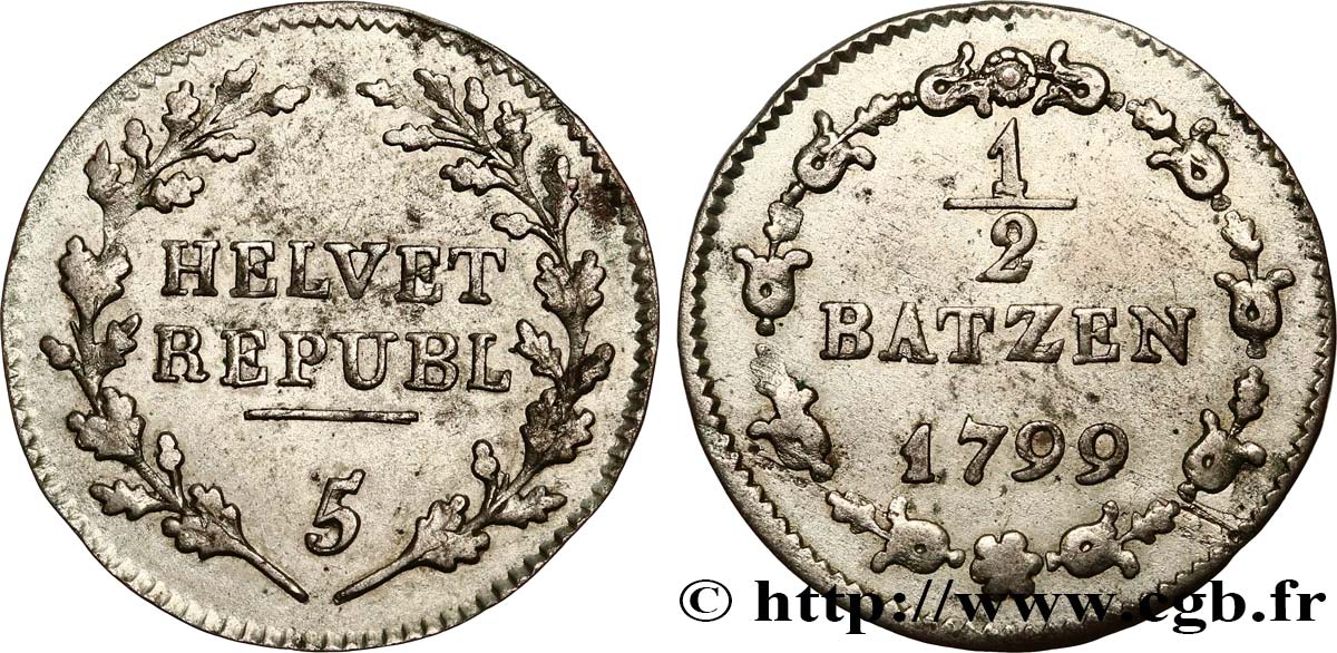 SUISSE - RÉPUBLIQUE HELVÉTIQUE 1/2 Batzen 1799 Berne TTB 