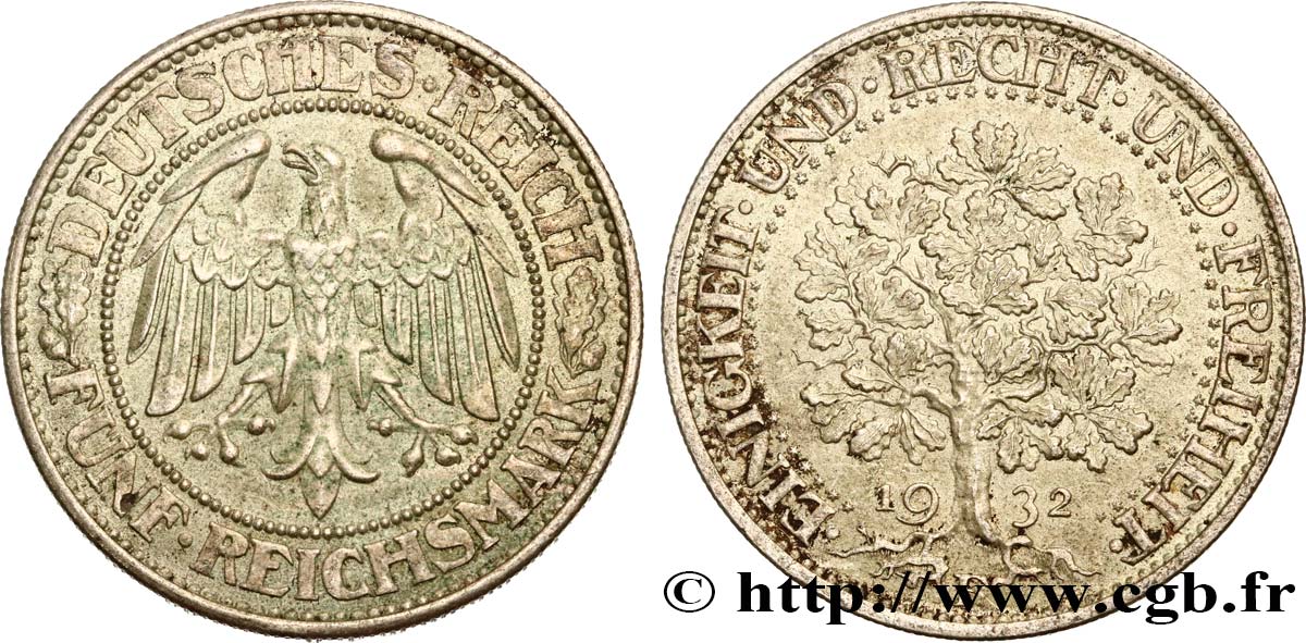 GERMANY 5 Reichsmark 1932 Stuttgart AU 