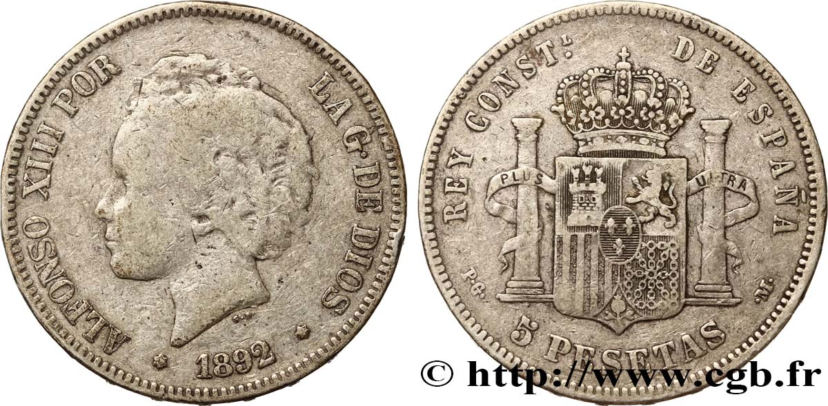 ESPAGNE 5 Pesetas Alphonse XIII 2e type 1892 Madrid TB