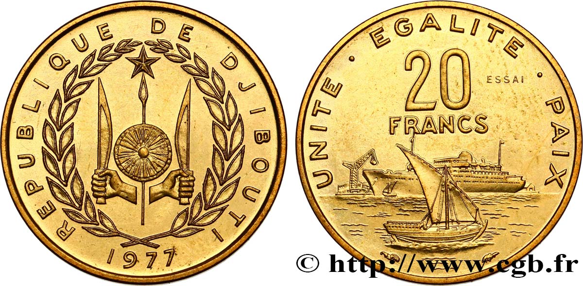 DJIBOUTI Essai de 20 Francs 1977 Paris SPL 