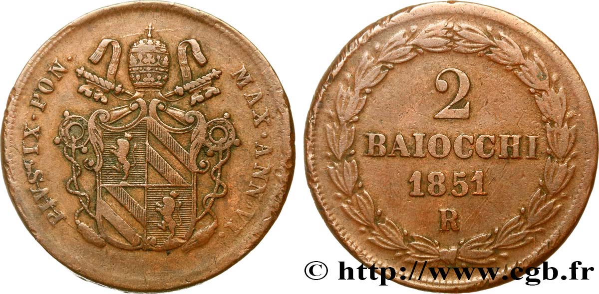 VATICAN AND PAPAL STATES 2 Baiocchi Pie IX an VI 1851 Rome VF