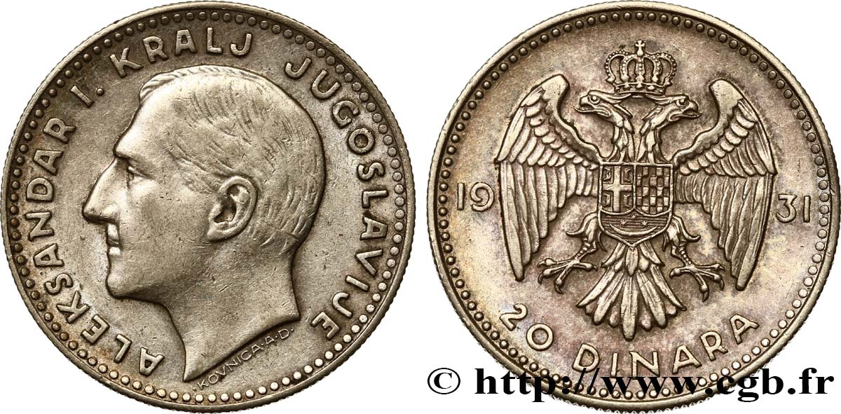YUGOSLAVIA 20 Dinara Alexandre Ier 1931 Belgrade XF/AU