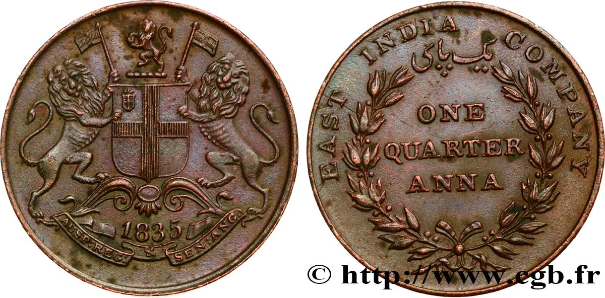BRITISH INDIA 1/4 Anna East India Company 1835 Calcutta AU 