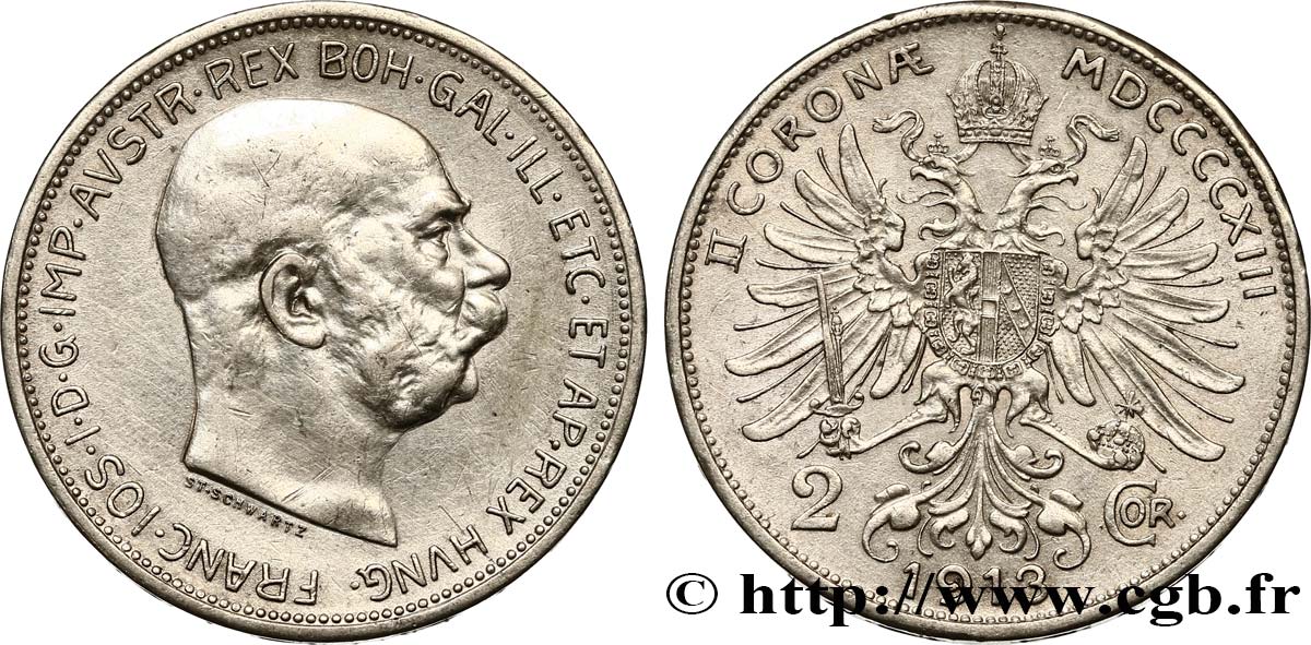 AUSTRIA 2 Corona François-Joseph Ier  / aigle héraldique 1913  XF 