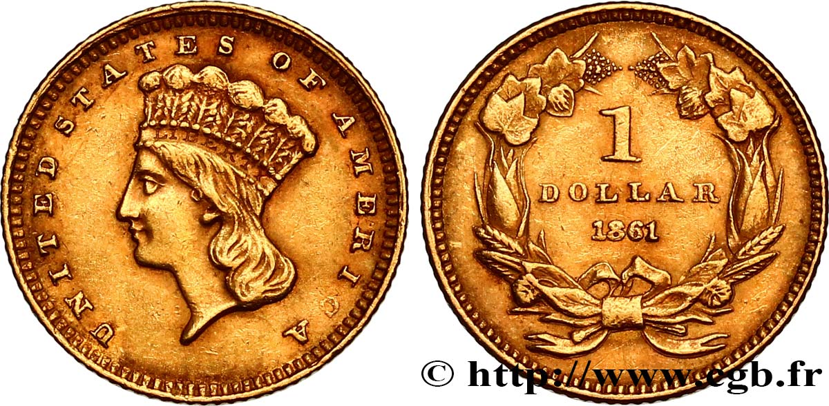 ESTADOS UNIDOS DE AMÉRICA 1 Dollar”Indian Princess”, tête large 1861 Philadelphie MBC+ 