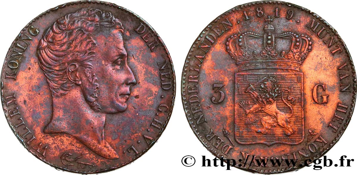 ROYAUME DES PAYS-BAS - GUILLAUME Ier Essai en bronze de la 3 Gulden 1819 Utrecht BB 