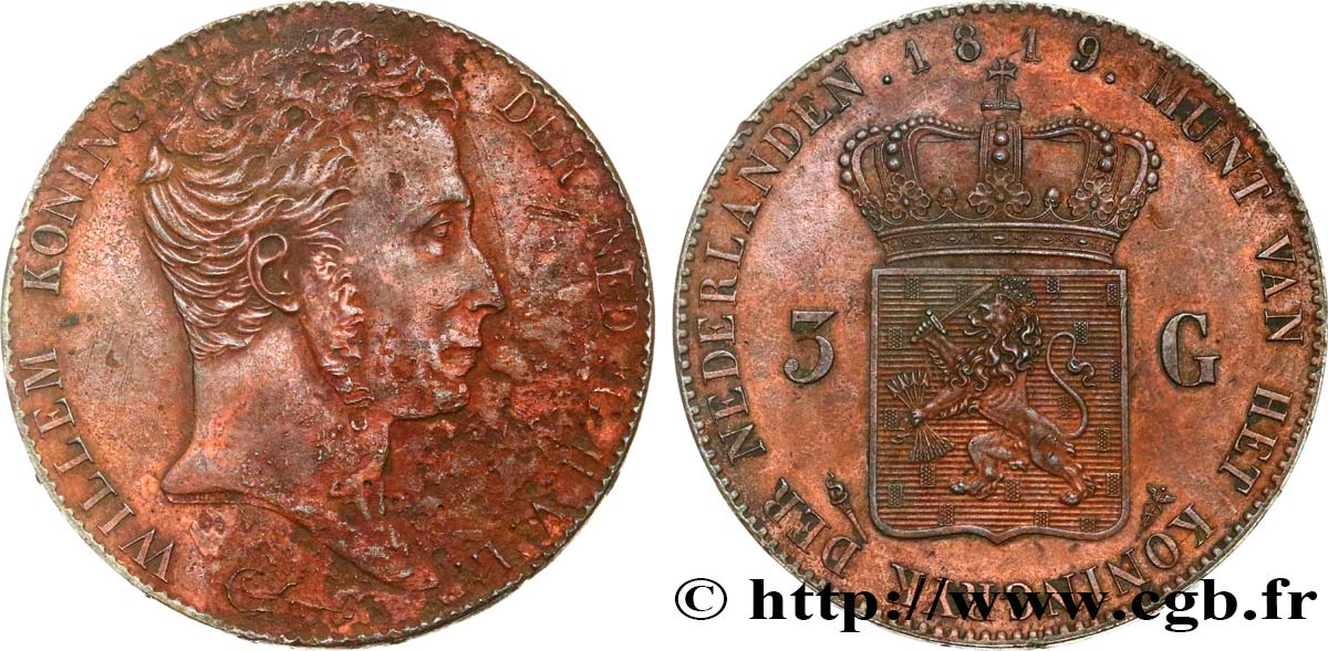 ROYAUME DES PAYS-BAS - GUILLAUME Ier Essai en bronze de la 3 Gulden 1819 Utrecht q.BB/q.SPL 