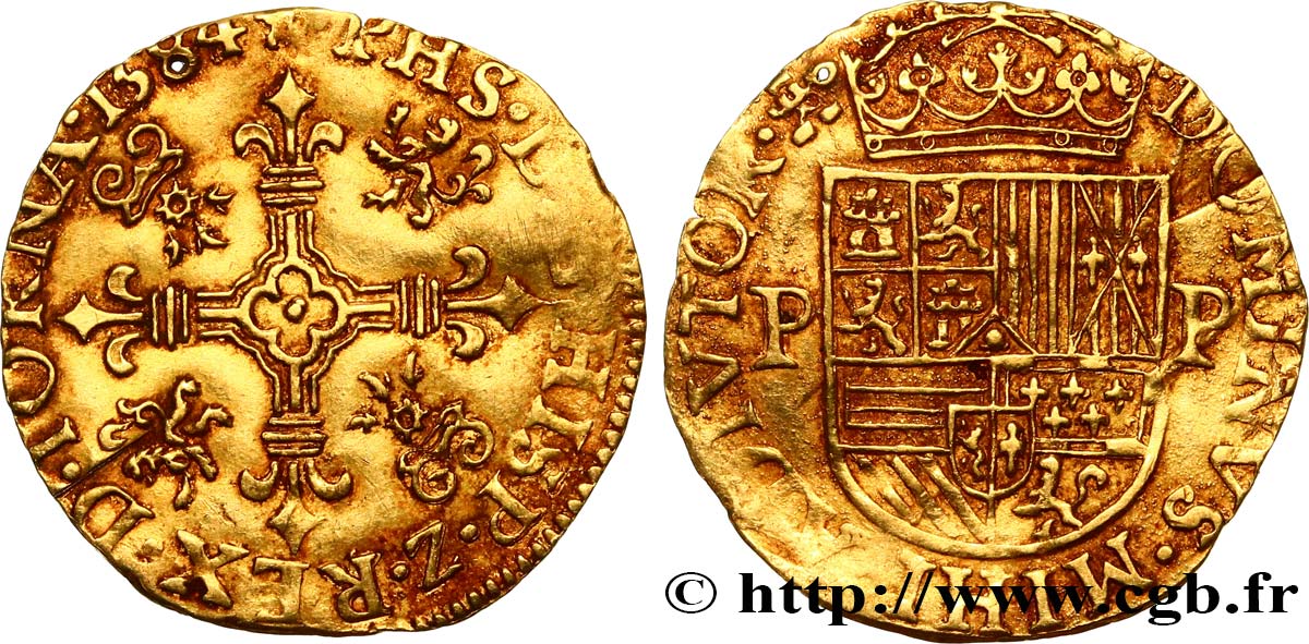 SPANISH NETHERLANDS - TOURNAI - PHILIP II OF SPAIN Couronne d’or 1584 Tournai XF 
