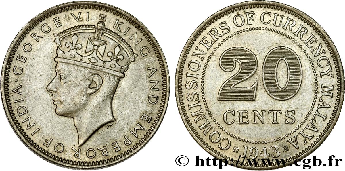 MALAISIE 20 Cents Commission Monétaire de Malaisie Georges VI 1943  SPL 