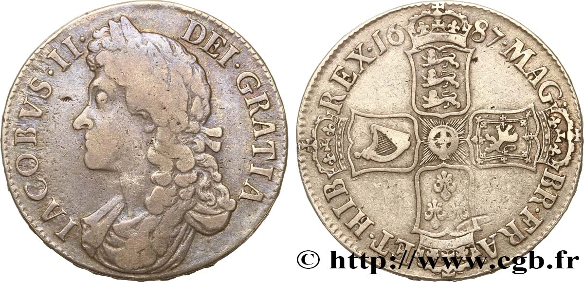 GRANDE-BRETAGNE - JACQUES II Crown, 2e buste 1687 Londres TB+ 