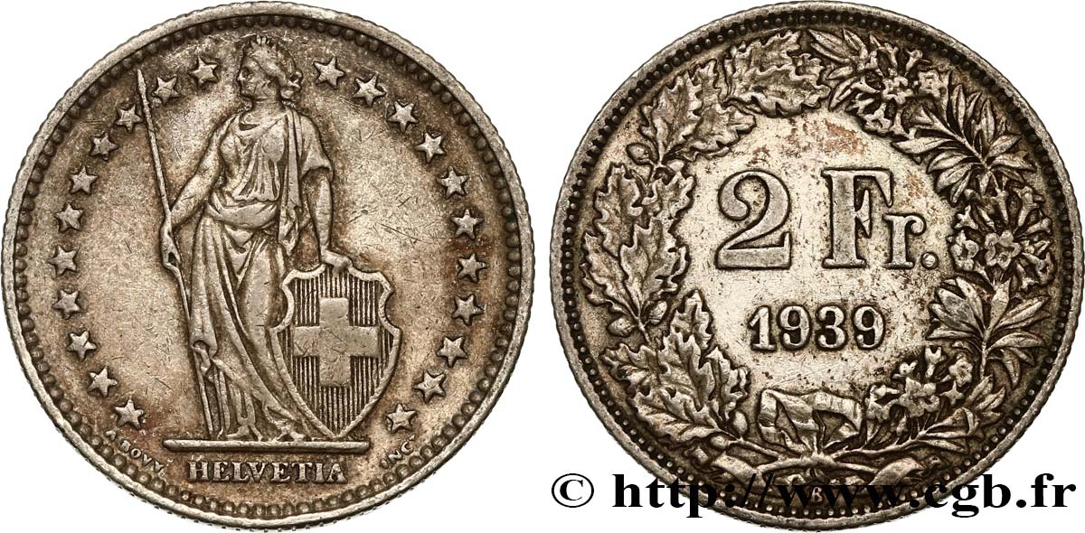 SWITZERLAND 2 Francs Helvetia 1939 Berne - B XF