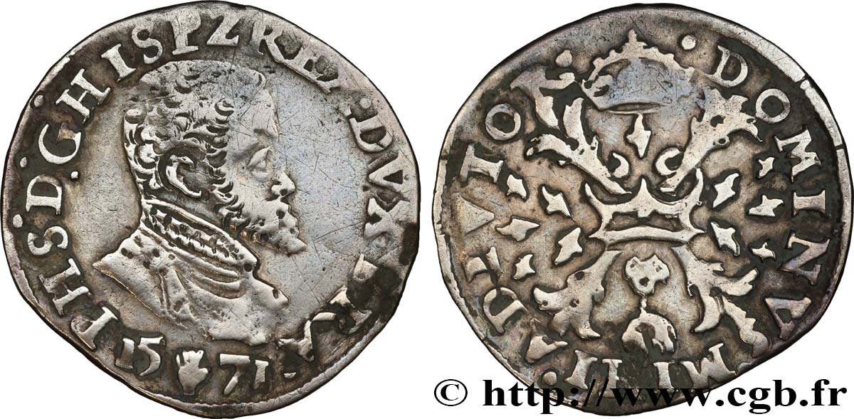 SPANISH NETHERLANDS - DUCHY OF BRABANT - PHILIP II 1/10 Écu 1571 Anvers VF 