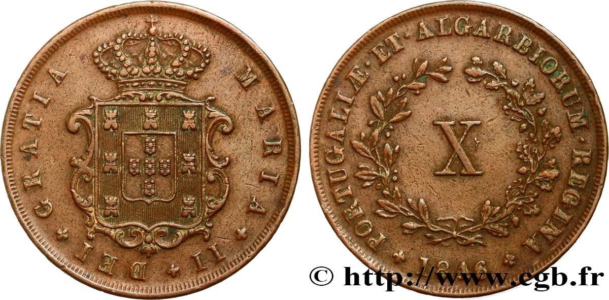 PORTUGAL 10 Réis frappe au nom de Marie II (Maria) 1846 TTB