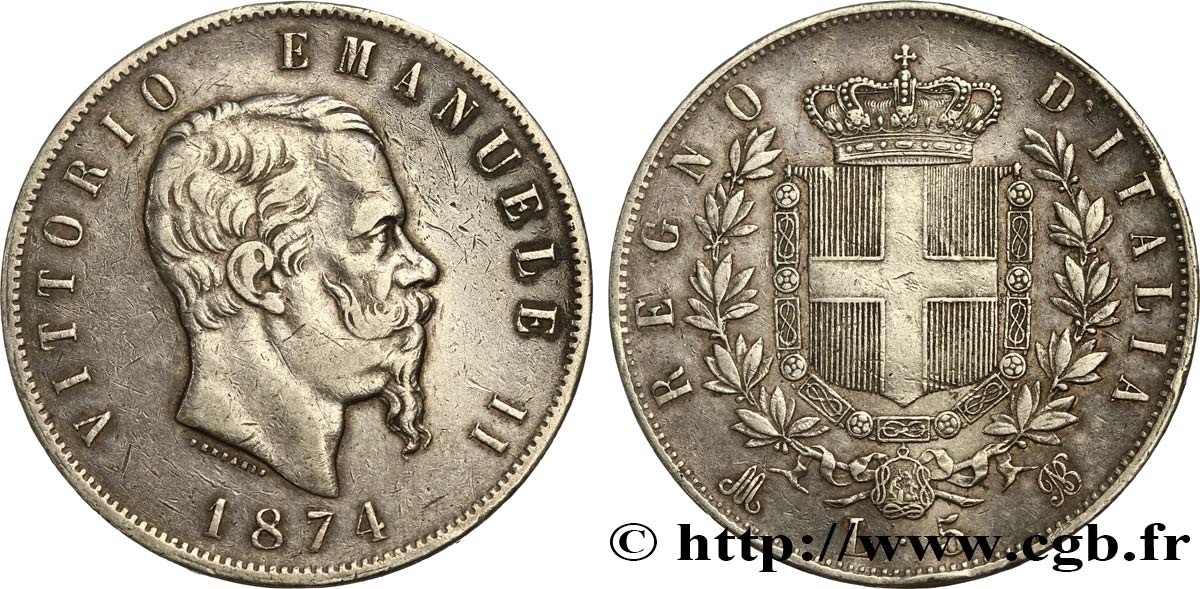 ITALIE 5 Lire Victor Emmanuel II 1874 Milan TTB