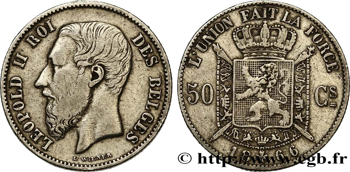 BELGIQUE 50 Centimes Léopold II légende française 1866 TB+