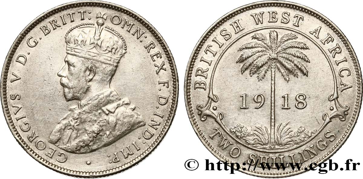 AFRIQUE OCCIDENTALE BRITANNIQUE 2 Shillings Georges V 1918 Heaton TTB+ 