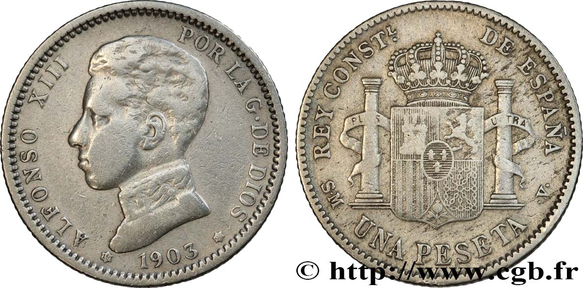 ESPAGNE 1 Peseta Alphonse XIII 4e type de buste 1903 Madrid TB+