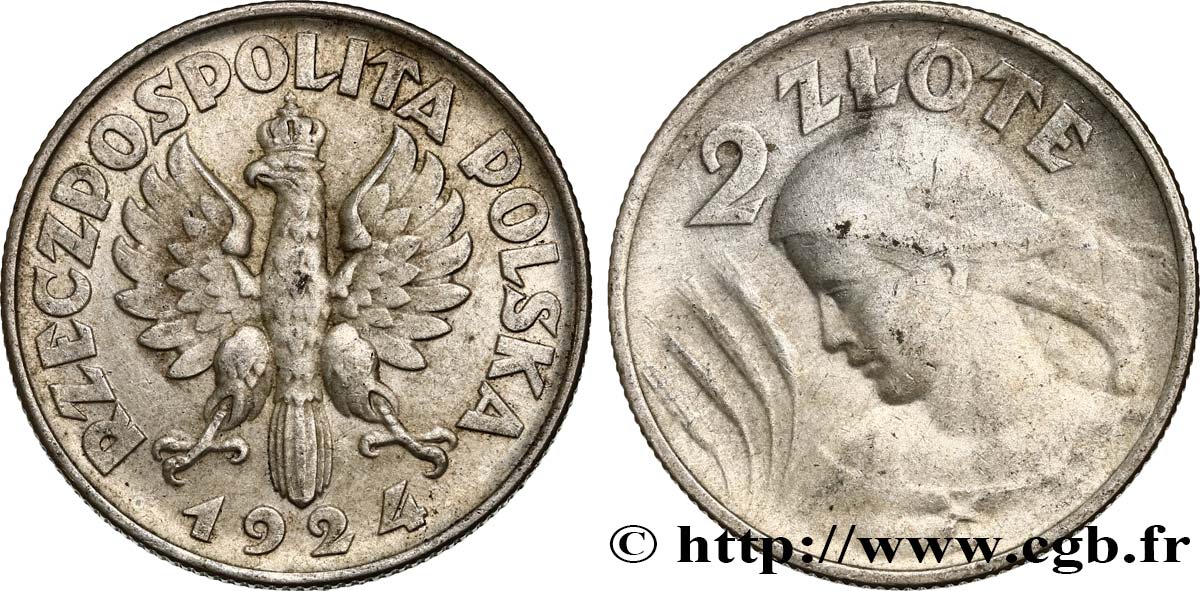 POLOGNE 2 Zlote aigle / paysanne 1924 Philadelphie TTB+ 