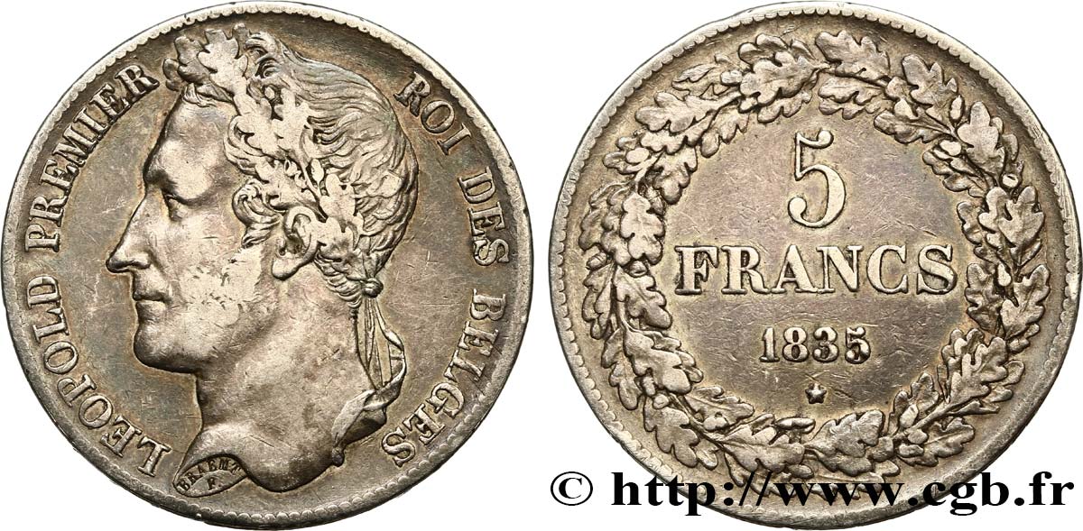 BELGIUM 5 Francs Léopold Ier tête laurée 1835  VF/XF 