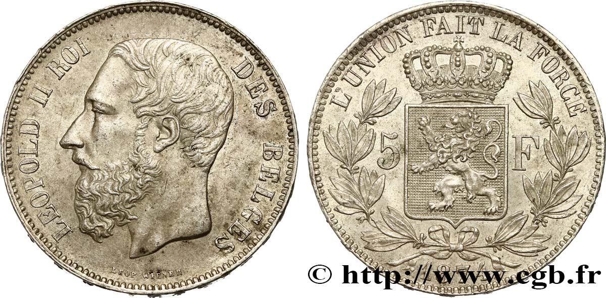 BELGIQUE 5 Francs Léopold II  1874  SUP 