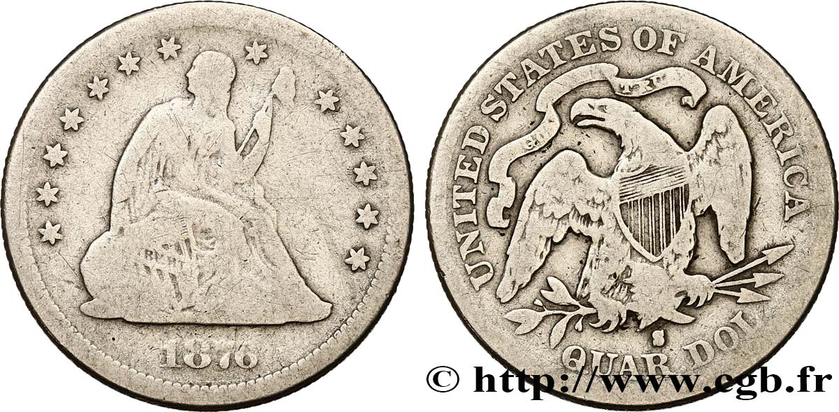 ÉTATS-UNIS D AMÉRIQUE 1/4 Dollar “Seated Liberty” 1876 San Francisco TB