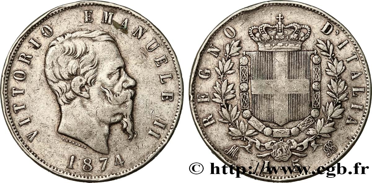 ITALIE 5 Lire Victor Emmanuel II 1874 Milan TTB