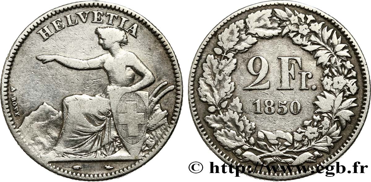 SWITZERLAND 2 Francs Helvetia 1850 Paris VF 