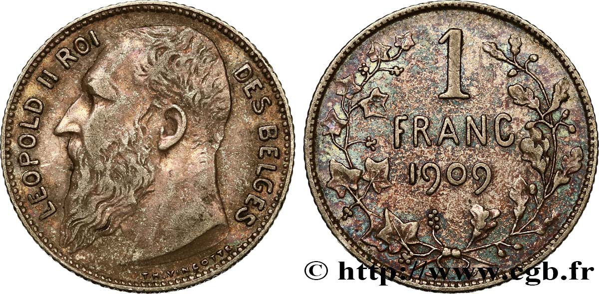 BELGIQUE 1 Franc Léopold II légende française 1909 TTB