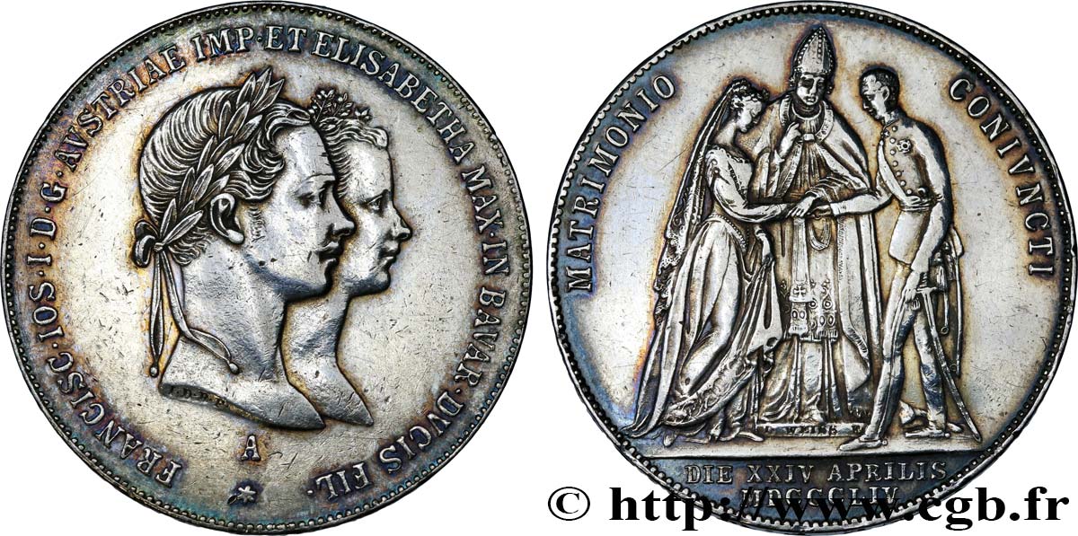 AUTRICHE 1 Gulden (Florin) mariage de François-Joseph et Élisabeth 1854 Vienne SUP 