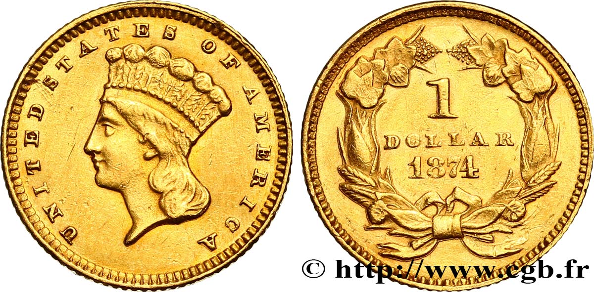 ÉTATS-UNIS D AMÉRIQUE 1 Dollar ”Indian Princess” 1874 Philadelphie fVZ 