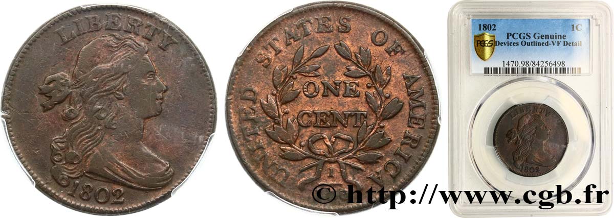 ESTADOS UNIDOS DE AMÉRICA 1 Cent “Draped Bust” 1802 Philadelphie BC+ PCGS