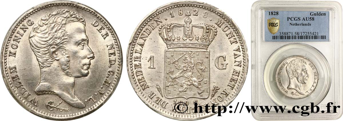 ROYAUME DES PAYS-BAS - GUILLAUME Ier 1 Gulden 1828 Utrecht SUP58 PCGS