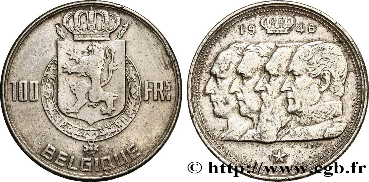 BELGIUM 100 Francs bustes des quatre rois de Belgique, légende française 1948 VF